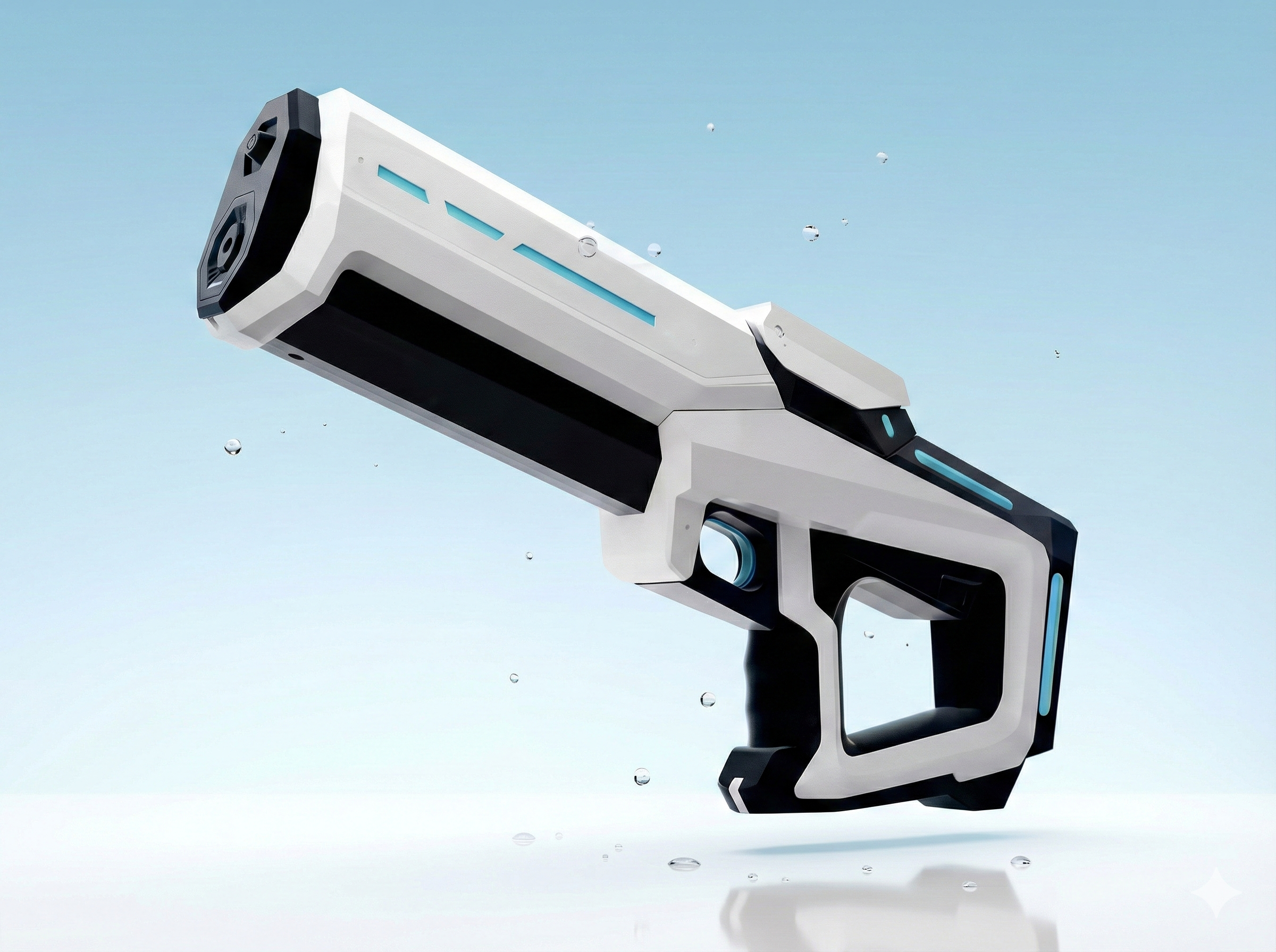 HydroBlast Pro — pistola de agua eléctrica blanca con detalles cyan