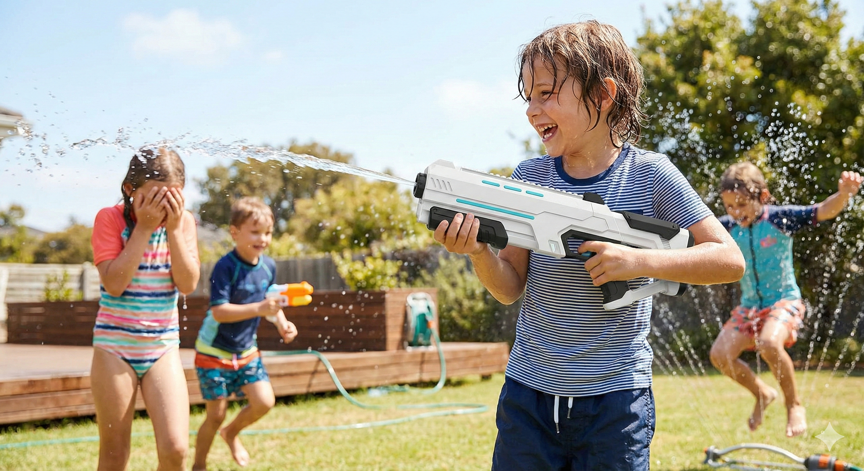 Niño usando HydroBlast Pro en un jardín